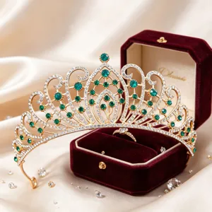 Golden rhinestone green crystal tiara crown detail for wedding bridal hair accessories