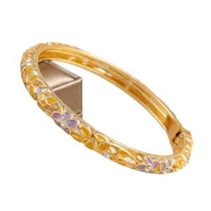 Bracelet jonc doré fleur émail rétro pour femmes, bijoux de manchette ouverts.