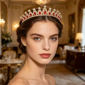 Detailed view of the luxury vintage bridal tiara featuring vibrant red and clear crystals.