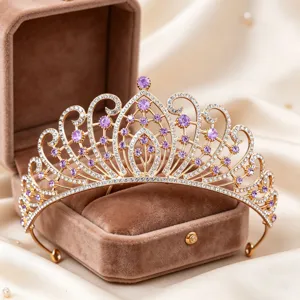 Gold rhinestone tiara princess crown for wedding bridal hair accessories shiny crystal.