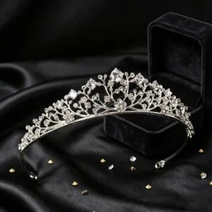Exquisite silver crystal tiara detail shot, elegant branch floral design rhinestone crown.