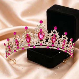 Tiara da sposa in strass dorati con cristalli rosa per accessori per capelli da festa SKU