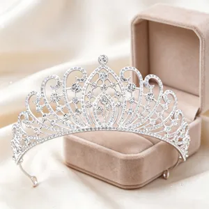 Silver rhinestone tiara crown crystal bridal hair accessory close up detail bridal wedding prop.