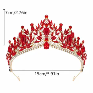 Baroque red crystal bridal tiara and crown for women, luxury pageant wedding hair accessories.