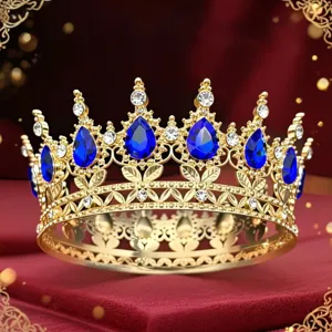 Corona barocca dorata rotonda con strass a goccia blu, elegante tiara per decorare torte.