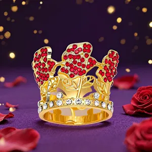 Exquisite alloy rose crown cake topper with sparkling red and white rhinestones for party decor.