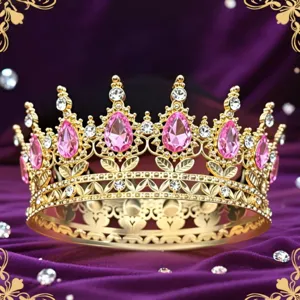 Squisita corona barocca dorata con gemme rosa a goccia e cristalli per feste o torte.