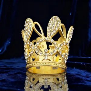 Mini Corona de Aleación con Diamantes de Imitación de Orejas de Conejo para Niños Decoración de Pastel de Cumpleaños Dorado Plateado