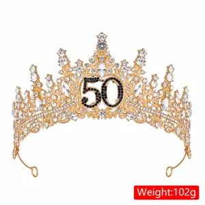 Exquisita tiara de corona de diamantes de imitación 50 cumpleaños, accesorio de oro 15cm