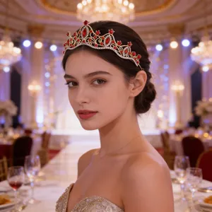 Detailansicht der goldenen Vintage Braut Tiara mit funkelnden roten und weißen Kristallen.