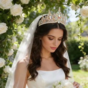 Detailed closeup of a stunning crystal bridal tiara worn under a white rose archway.