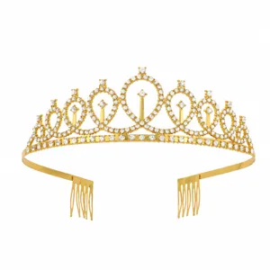 Gold rhinestone tiara birthday party crown hair hoop with side combs, 15.5x4cm elegant headpiece.