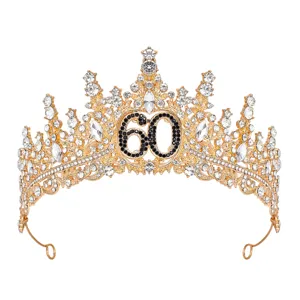 Diadema corona de 60 cumpleaños dorada con diamantes de imitación para fiesta de mujeres.