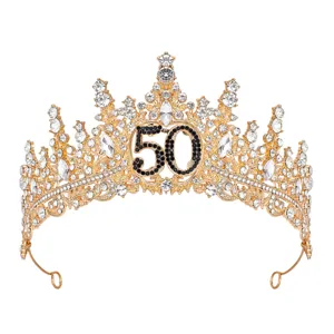 Tiara corona de diamantes de imitacion 50 cumpleanos, diadema dorada para fiesta.