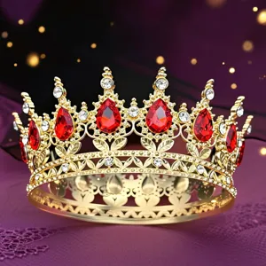 Corona barocca dorata con gemme rosse a goccia e strass per feste, matrimoni o decorazione torte.