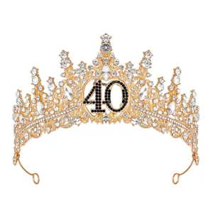 Diadema corona de diamantes de imitación para 40 cumpleaños, tiare dorada de aleación.