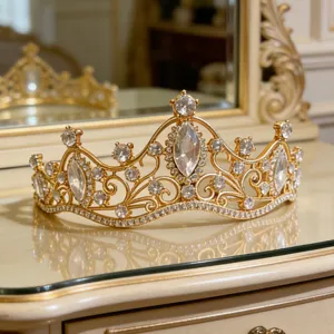 Exquisites Detail der goldenen Vintage Braut Tiara mit funkelnden Strasssteinen und feinem Muster.