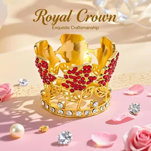 Gold alloy crown cake topper with red and clear rhinestones for floral decoration and parties.