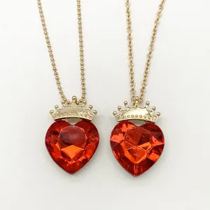 Children red heart crown necklace set detail view, alloy rhinestone sweet performance jewelry