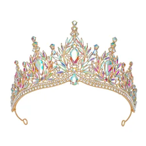 Stunning gold bridal tiara with colorful AB crystal rhinestones, perfect for wedding and party.
