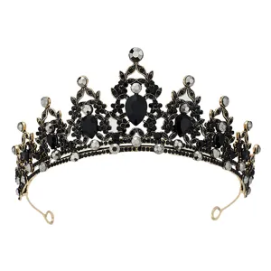 Barock schwarze Kristall Braut Tiara Krone für Hochzeitskleid, elegante Legierung Strass Haarschmuck.