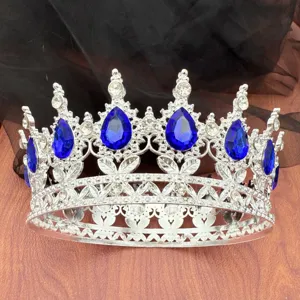 Tiara con corona rotonda barocca con strass a goccia blu per decorazione di torte festa