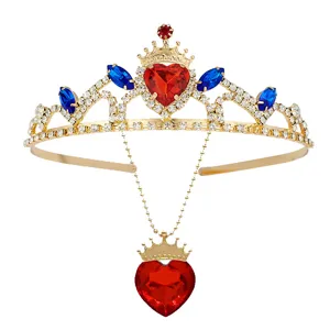 Kids gold rhinestone tiara red heart pendant princess crown hair accessory party dress