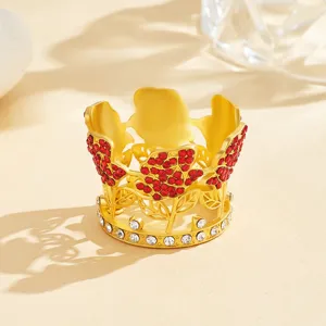 Alloy crown cake topper with red and clear rhinestones, elegant rose design decoration.