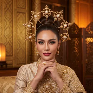 Exquisite gold halo crown tiara with pearls, perfect for gothic, baroque, and runway fashion.