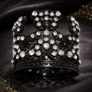 Black rhinestone alloy cute bear crown detailed view, sparkling crystal tiara accessory.
