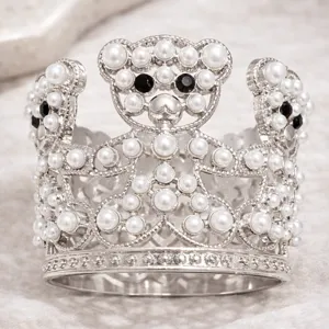 Silver alloy crown with faux pearls and cute bear design, perfect for cake or floral decor.