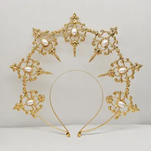 Detailed view of the golden baroque halo crown showing precise dimensions and lightweight design.