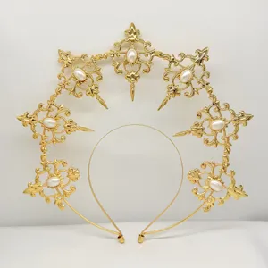 Gothic Baroque gold halo crown headband, faux pearl sunburst hair accessory for party festival.