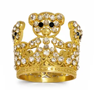 Gold rhinestone teddy bear crown accessory ideal for birthday cake and floral decor.