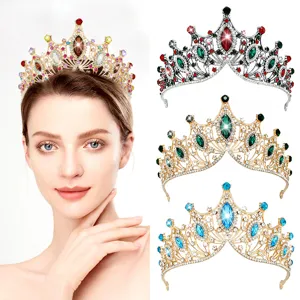 Baroque Luxury Alloy Rhinestone Bridal Crown Vintage Palace Style Wedding Tiara Colorful Crystal Queen Headpiece For Women Party Accessory