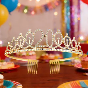 Gold 20th birthday tiara rhinestone crown hair comb accessory for women party celebration decoration