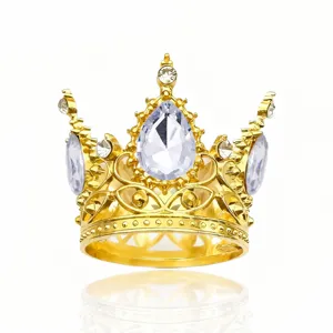 Mini couronne gâteau en alliage doré avec strass cristaux transparents fête déco 3,5cm