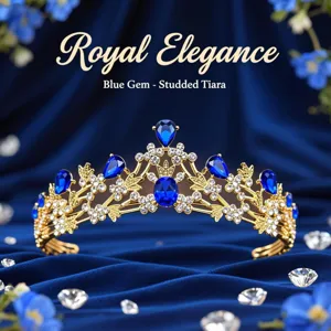 Kids princess crystal tiara crown, gold metal blue gem rhinestone hair hoop performance birthday crown