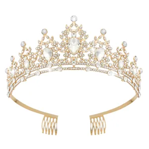 Gold crystal tiara crown bridal hair accessory with side combs for wedding parties
