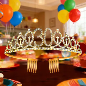 Sparkling gold 30th birthday tiara crown with rhinestones and secure hair combs for party decor.