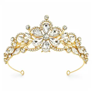 Bridal wedding rhinestone crown headband, luxury gold metal tiara hair accessory for women.