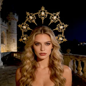 Baroque gold halo crown headband gothic sunburst tiara Halloween runway hair accessories