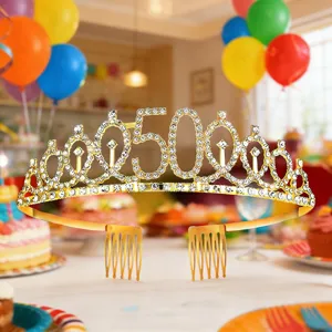 50th birthday rhinestone crown headband for women, gold metal tiara with hair combs party decor