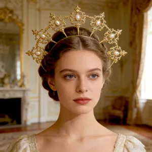 Close-up of gothic gold halo crown with pearls, elegant vintage hair accessory detail shot.