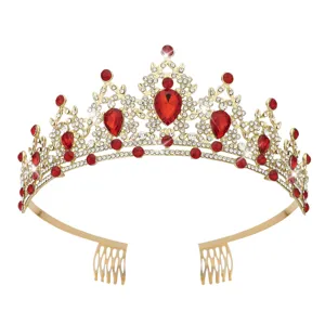 Close-up detail of the luxury gold tiara with red and clear rhinestones and hair combs.
