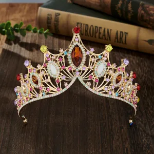 Close-up detail of luxury Baroque bridal crown, sparkling multi-color rhinestones alloy tiara.