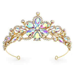 Detail shot of a stunning gold bridal rhinestone tiara crown, perfect for wedding hair accessories.