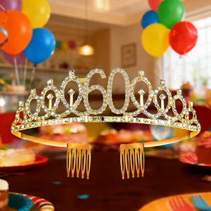 Gold 60th birthday rhinestone tiara crown headband with hair combs for party celebration decor.