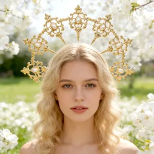 Exquisite gold halo crown headband detail, baroque style with pearls, stunning runway piece.