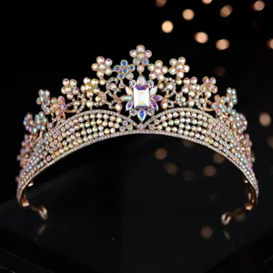 Echtes goldenes Barock Strass Braut Diadem Kristall Hochzeit Festzug Krone Haarschmuck.